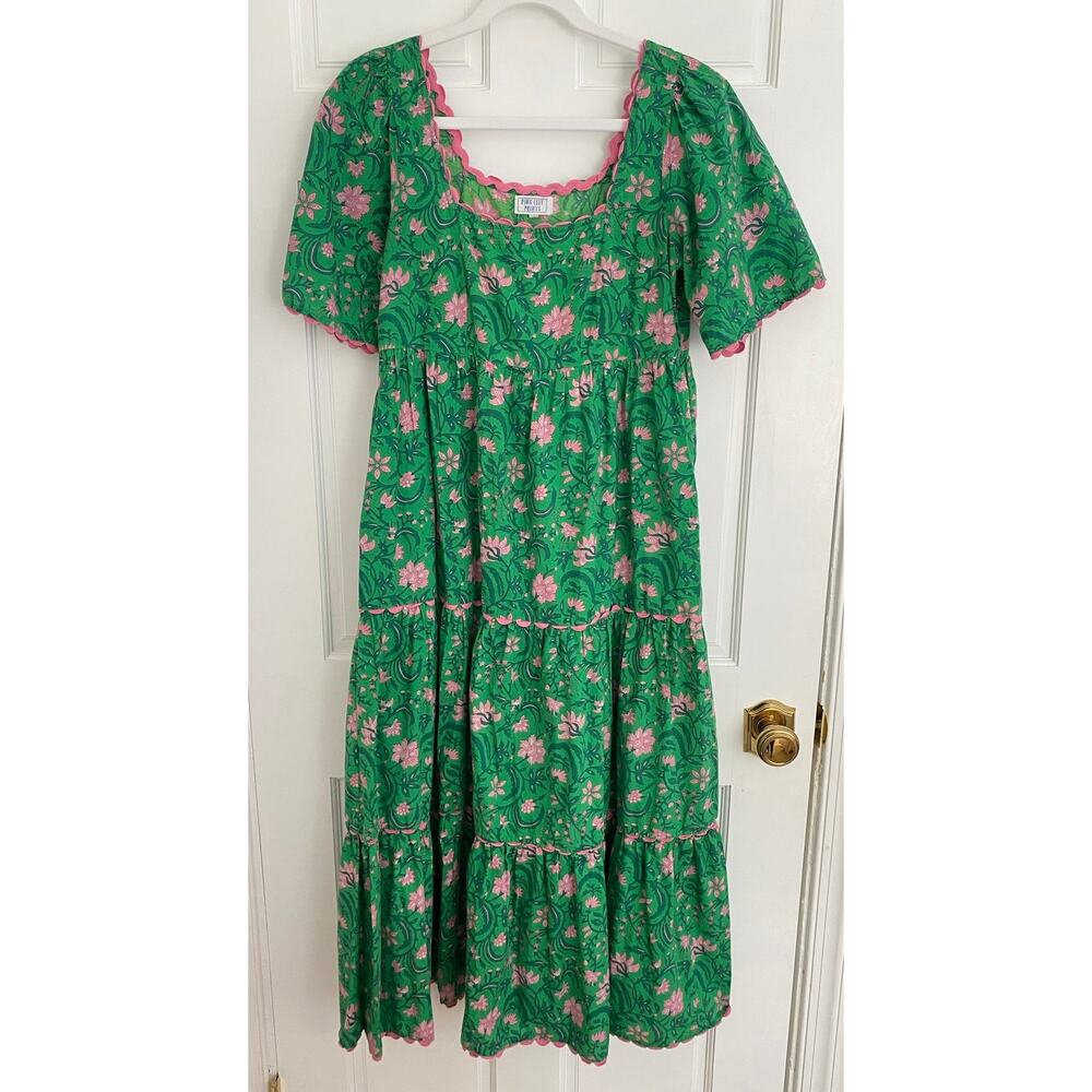 Pink City Prints Tuckernuck Green Forest Rose Maisie Midi Block Print Dress XS - Picture 6 of 11